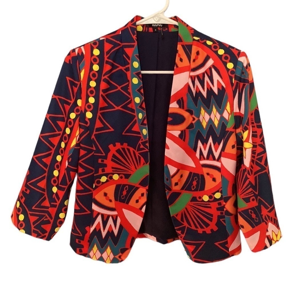 Rolypoly Print Navy Orange Multicolor Padded Blazer Top size S